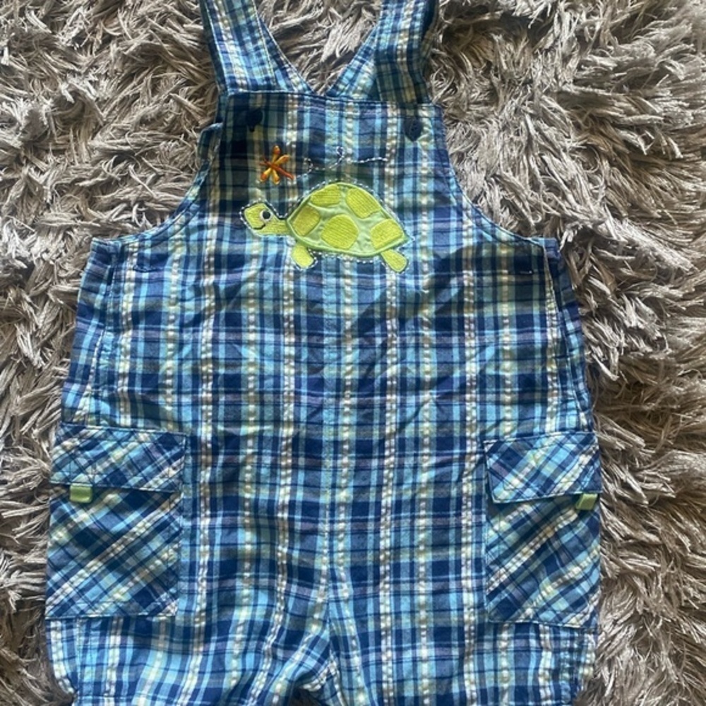 Plaid Blue Kids Overalls with Turtle Design size 24M